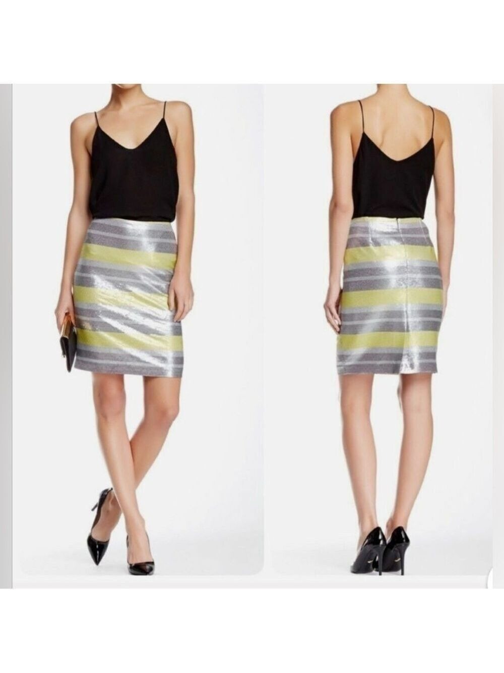 Vince Camuto Silver, Lime and Gray Sequined Striped Pencil Skirt - Size 12